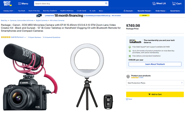 Example of Best Buy bundling a Canon camera, light and microphone at a reduced price.