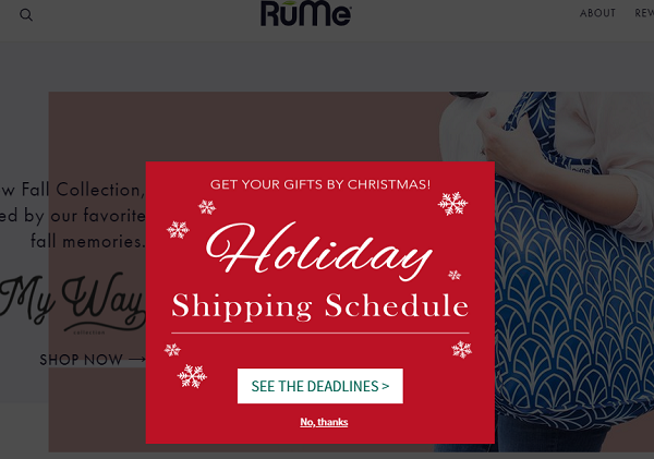 Example of a popup window on MyRume.com highlighting the holiday shipping deadlines.